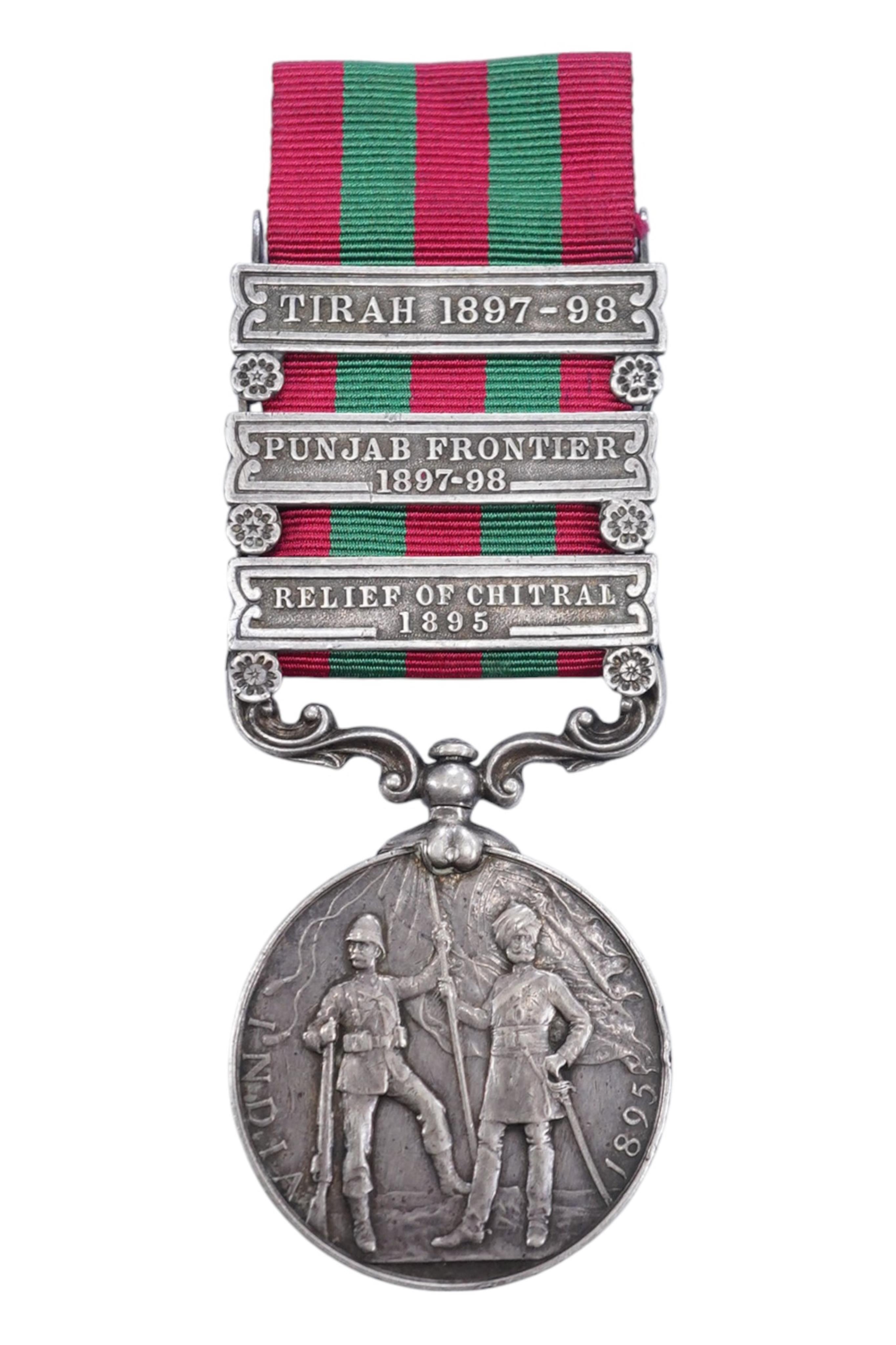 An India General Service medal 1895-1902 awarded to 4695 Pte J Wood 2nd, 13th King's Own Scottish Borders, with Tireh 1897-98, Punjab frontier 1897-98 and relief of Chitral 1895 clasps. Condition - fair to good